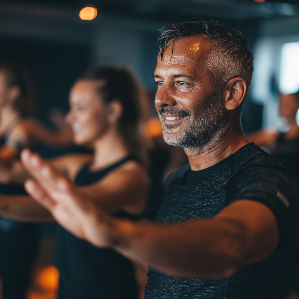 Magyar felnőttek különböző életkorból természetes környezetben végeznek testsúlyos gyakorlatokat, mosolyogva és koncentráltan